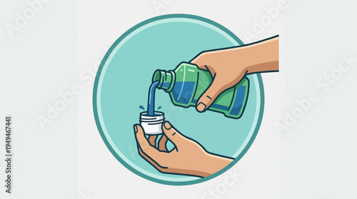 Hands pouring blue liquid from a bottle into a small measuring cup.