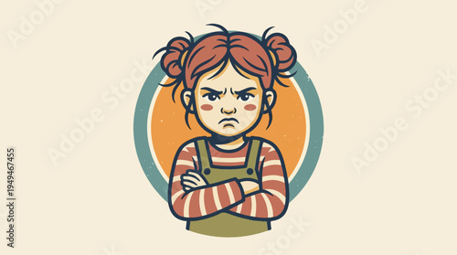Angry little girl with pigtails and striped shirt arms crossed.