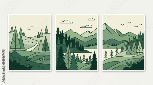 Three minimalist landscape illustrations featuring green mountains pine trees and serene lakes.