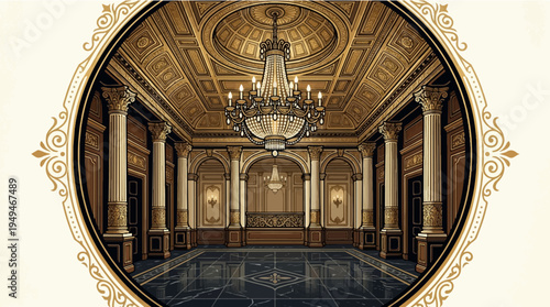 Grand Ballroom Interior with Ornate Chandelier and Classical Architecture.