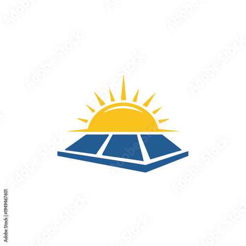 Sunrise over Solar Panel Array Logo, New Dawn Renewable Energy Concept isolated white background.
