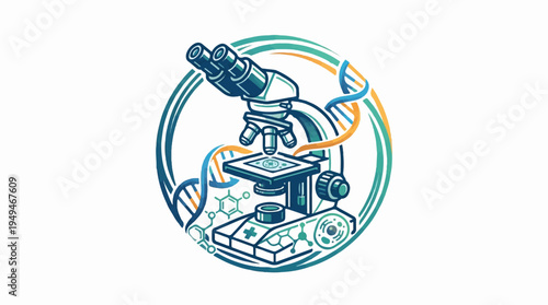 Microscope and DNA strands in a circular scientific illustration.