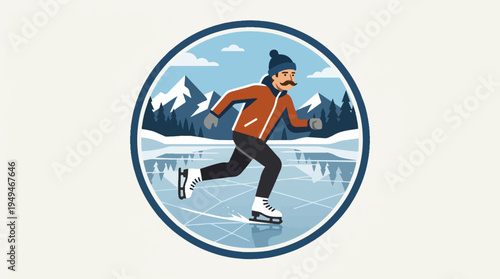 Man ice skating on a frozen lake in winter.