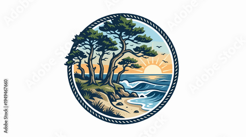 Coastal landscape with pine trees and ocean waves at sunset.