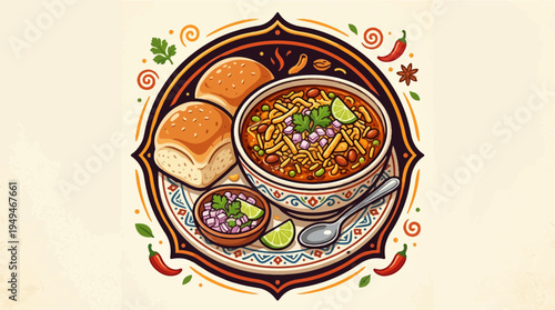Delicious Misal Pav a traditional Indian spicy curry with bread rolls.
