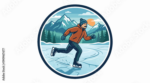 Man ice skating outdoors on a frozen lake in winter.