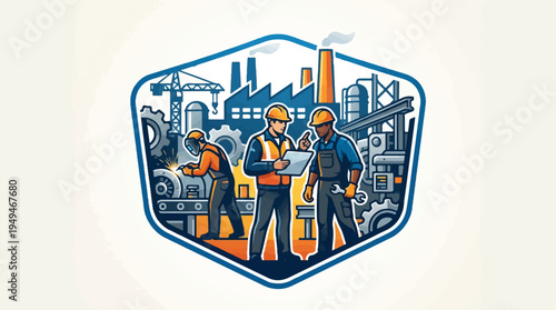 Industrial workers in hard hats and vests collaborating on a project with factory buildings in the background.