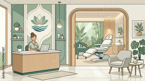 Woman working at reception desk in a modern spa or clinic.