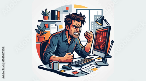Frustrated man clenching fists at computer screen in office.