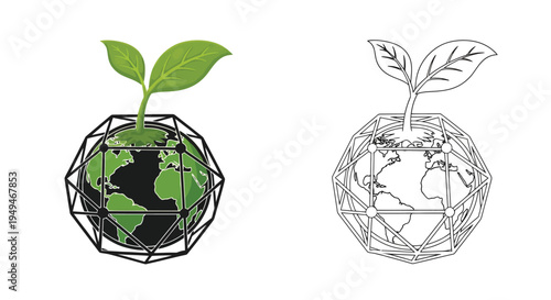 Growing plant within a geodesic dome representing earth color and outline versions