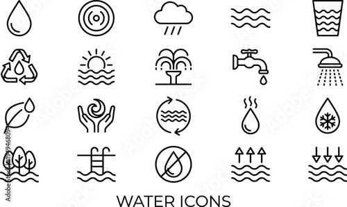 Collection of water icons in line style vector illustration