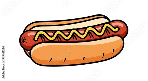 A cartoon hot dog with mustard on a bun is shown in a playful illustration.