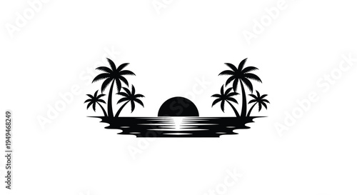Minimalist black silhouette of palm trees and a setting sun over water