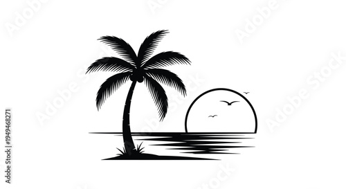 Minimalist tropical scene featuring a palm tree and setting sun
