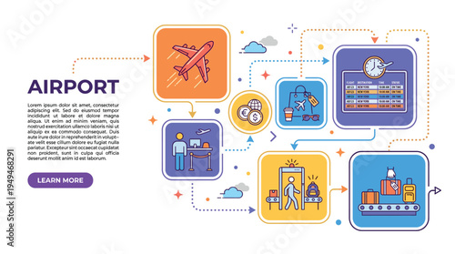 Airport infographic with colorful icons and symbols vector illustration