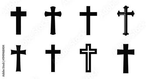 Collection of eight black christian crosses in various styles and designs