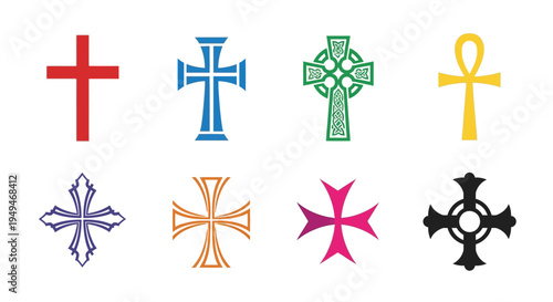 A collection of eight different religious and symbolic crosses in vibrant colors