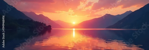 Serene sunrise over tranquil mountain lake, reflecting spiritual awakening and inner peace Perfect for meditation, yoga, mindfulness, and wellness themes , ethereal, reflection, clouds