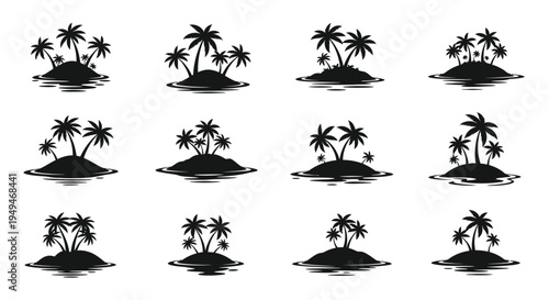 Collection of black silhouette tropical islands with palm trees against a white background
