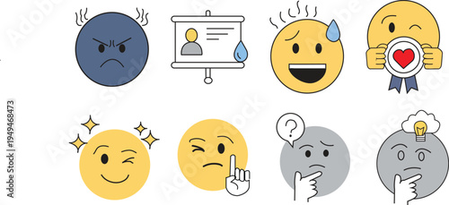 A collection of emoticon faces and a presentation screen