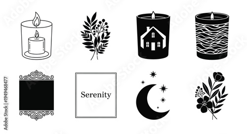 Black and white illustration of candles moon flowers and decorative frames