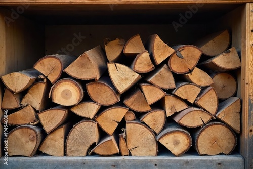 Rustic firewood stacked neatly within a sturdy wooden frame, ready for winter Perfect for cozy home decor, fireplace, or outdoor scenes , rustic decor, wooden structure