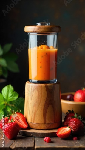 Rustic wooden blender, handcrafted and ready for use Perfect for smoothies, soups, or mixing drinks Shows natural wood grain and texture Ideal for kitchen and rustic decor , object, item, still life