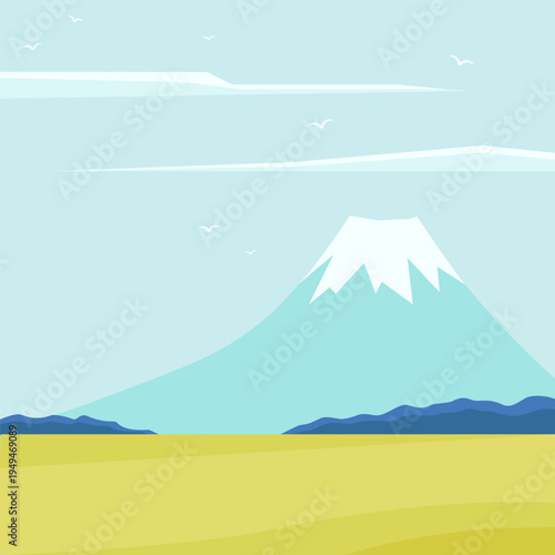 Japan tourism poster, mount Fuji, cherry blossom and Jinja in screen printing style. Springtime panorama