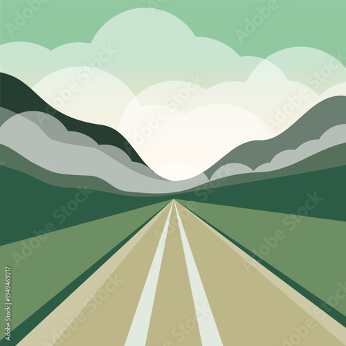 Empty road among field and meadow with green grass, mountains and sky with clouds. Cartoon summer vector scenery