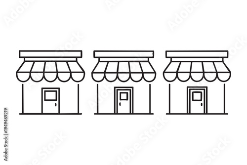 Simple line drawing of three storefronts with awnings