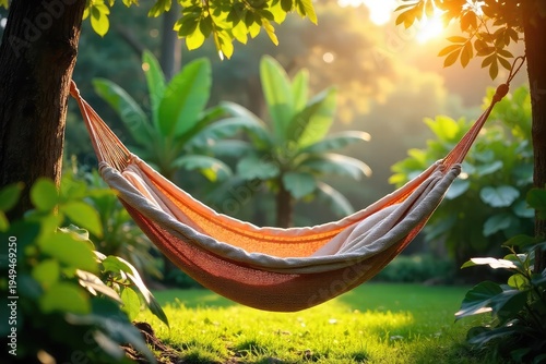 Serene hammock sways gently in a lush, tropical garden, bathed in warm sunlight Perfect for escaping the everyday stress and finding peaceful tranquility , paradise, unwind