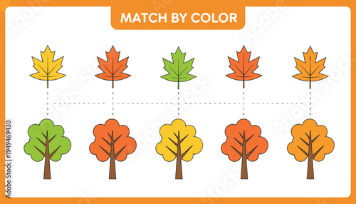 Educational match by color game for kids with autumn maple leaves and trees in flat vector style for preschool learning worksheet.