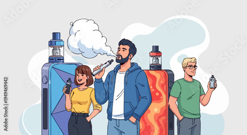 Young Adult Vapers with Modern E-Cigarettes and Vape Devices, Exhaling Vapor, Representing Vaping Culture and Lifestyle Vector Illustration