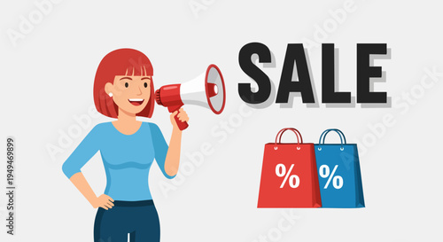 Smiling Woman Announcing Sale with Megaphone Next to Red and Blue Shopping Bags with Percentage Signs, Ideal for Marketing and Promotion Vector Illustration