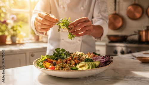 Professional chef's hands garnish a vibrant, healthy, and colorful salad bowl with fresh herbs in a beautifully lit, inviting kitchen setting