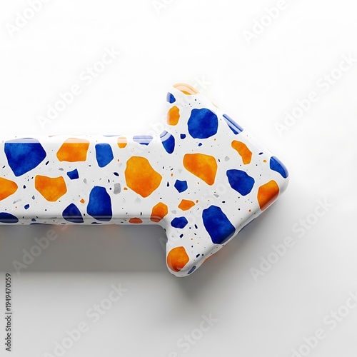 A glossy 3d arrow pointing right with a colorful blue and orange terrazzo pattern on white base