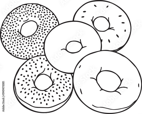 Different Bagels Hand-drawn Sketch Drawing Vector Illustration, Line Linear Symbol Black and White Engraving, Isolated