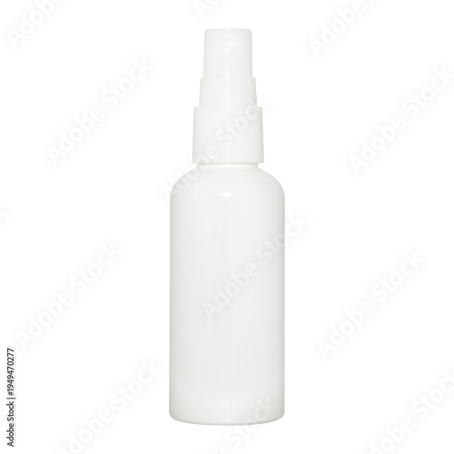 White plastic spray bottle with pump dispenser. Blank cosmetic or sanitizer container isolated on white background. Product packaging mockup and hygiene container concept. Design for banner, poster