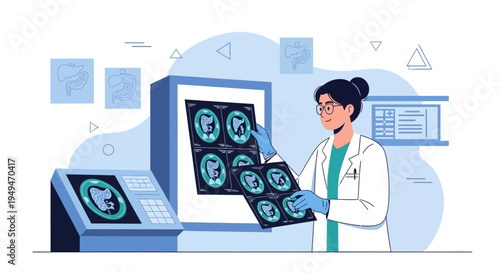 Dentist examining dental x-rays on illuminated screen, modern dental clinic illustration