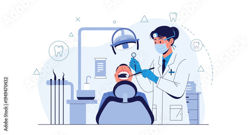 Dentist examining patient's teeth with dental tools in a modern clinic, blue color scheme