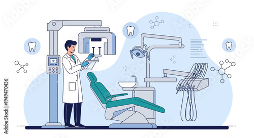 Dentist in dental office with modern equipment, dental chair and X-ray machine