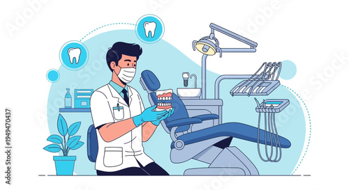 Dentist examining teeth model in modern dental clinic, healthcare concept
