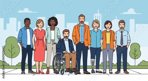 Diverse group of nine multi-ethnic business people with disabilities standing in a city park, representing inclusion and teamwork in a modern flat vector illustration.
