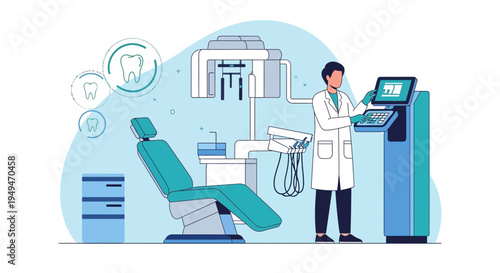 Dentist operating modern dental equipment with digital display and x-ray machine