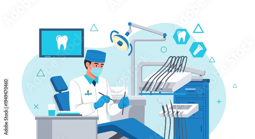 Dentist in uniform performing dental examination with modern equipment in clinic