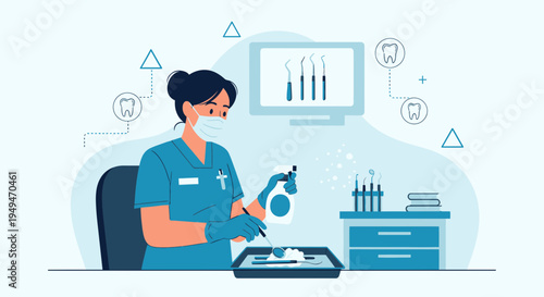 Dentist Sterilizing Instruments in Clinic, Dental Care Hygiene Concept