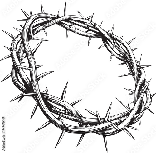 Crown of Thorns of Jesus Christ Hand-drawn Sketch Drawing Vector Illustration, Line Linear Symbol Black and White Engraving, Isolated
