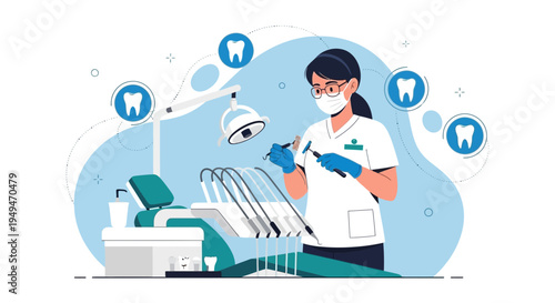 Dentist in uniform and mask performing dental procedure with modern equipment in clinic