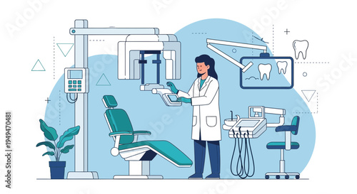Dentist operating modern dental equipment in clinic, digital x-ray, dental chair