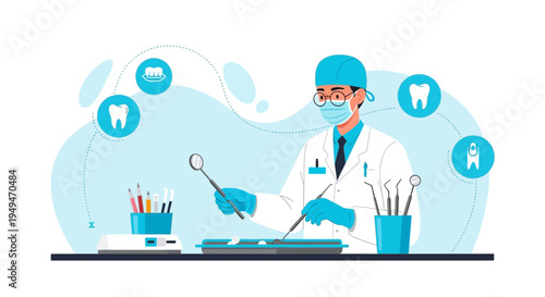 Dentist Performing Dental Procedure with Instruments and Tooth Icons